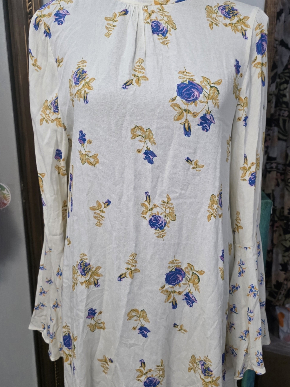 Free People White Long-Sleeve Floral Dress with Blue & Gold Roses